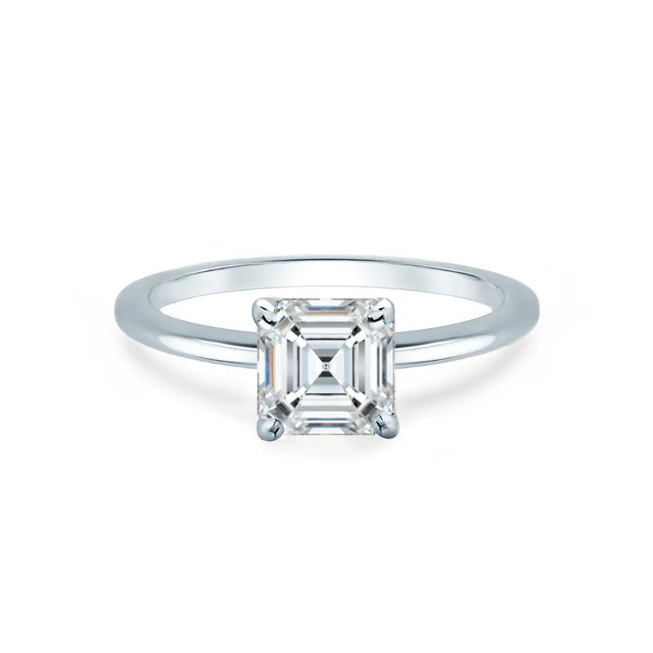 Asscher Cut Platinum Petite Pavé Plain Mount Solitaire Ring - cushionblue
