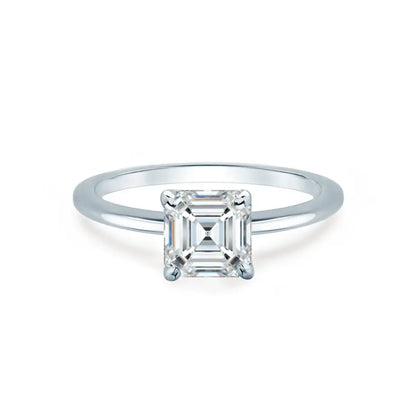 Asscher Cut Platinum Petite Pavé Plain Mount Solitaire Ring - cushionblue