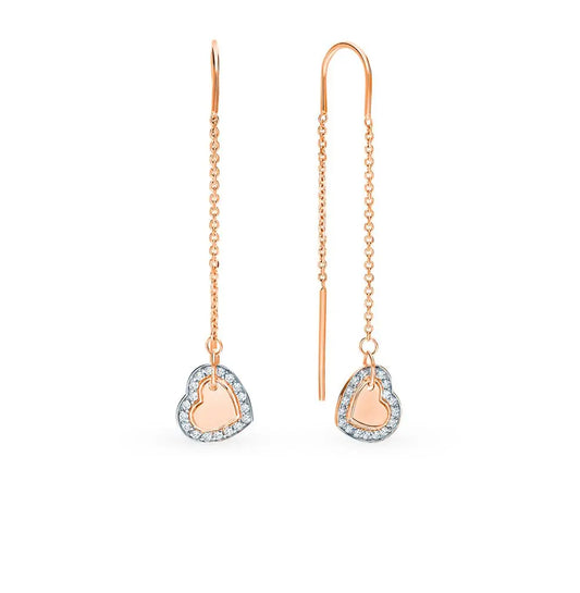 Rose Gold Heart string earrings with diamonds - cushionblue