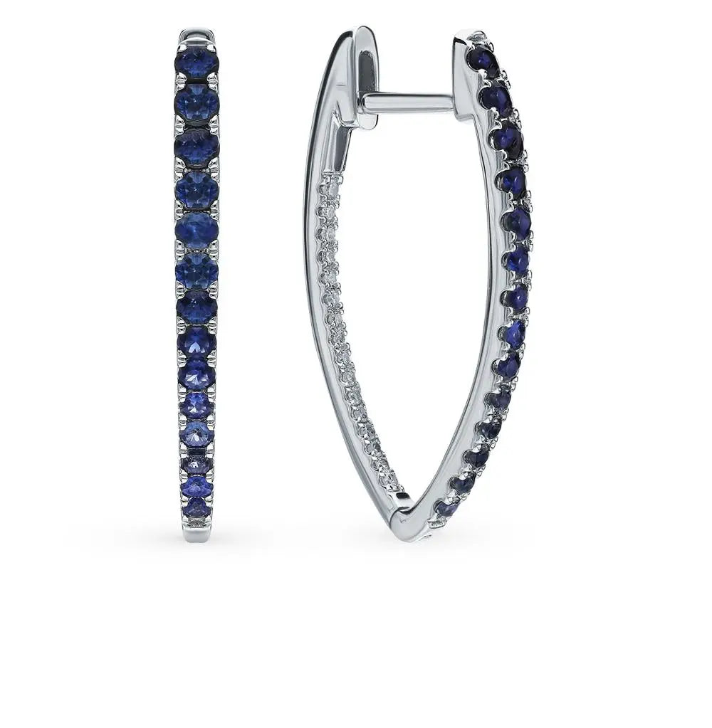 White Gold Huggie earrings with Sapphires and diamonds - cushionblue