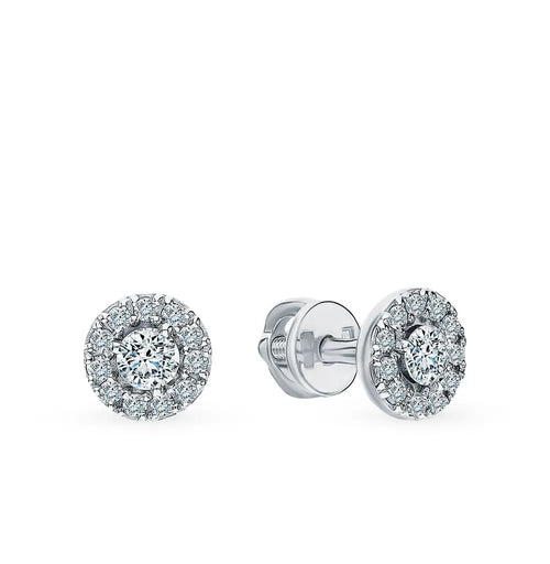 White Gold Studs with screws earrings with Round cut diamonds(0.20ct, 0.15ct) Cushionblue