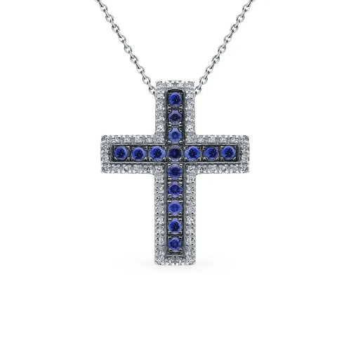White Gold pendant necklace with sapphires and diamonds - cushionblue