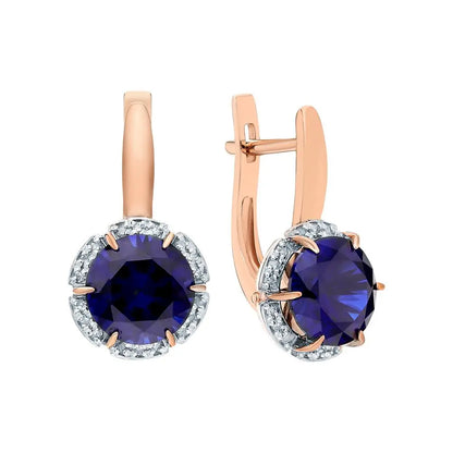 Rose Gold Latch back earrings with Round cut Sapphire and diamonds - cushionblue
