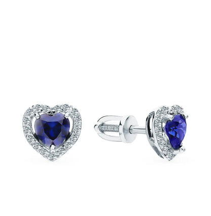 White Gold Heart shape with sapphires Studs with screws earrings. Cushionblue