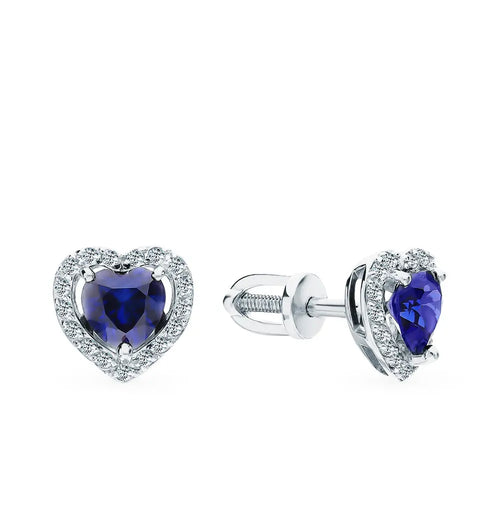 White Gold Heart shape with sapphires Studs with screws earrings. Cushionblue