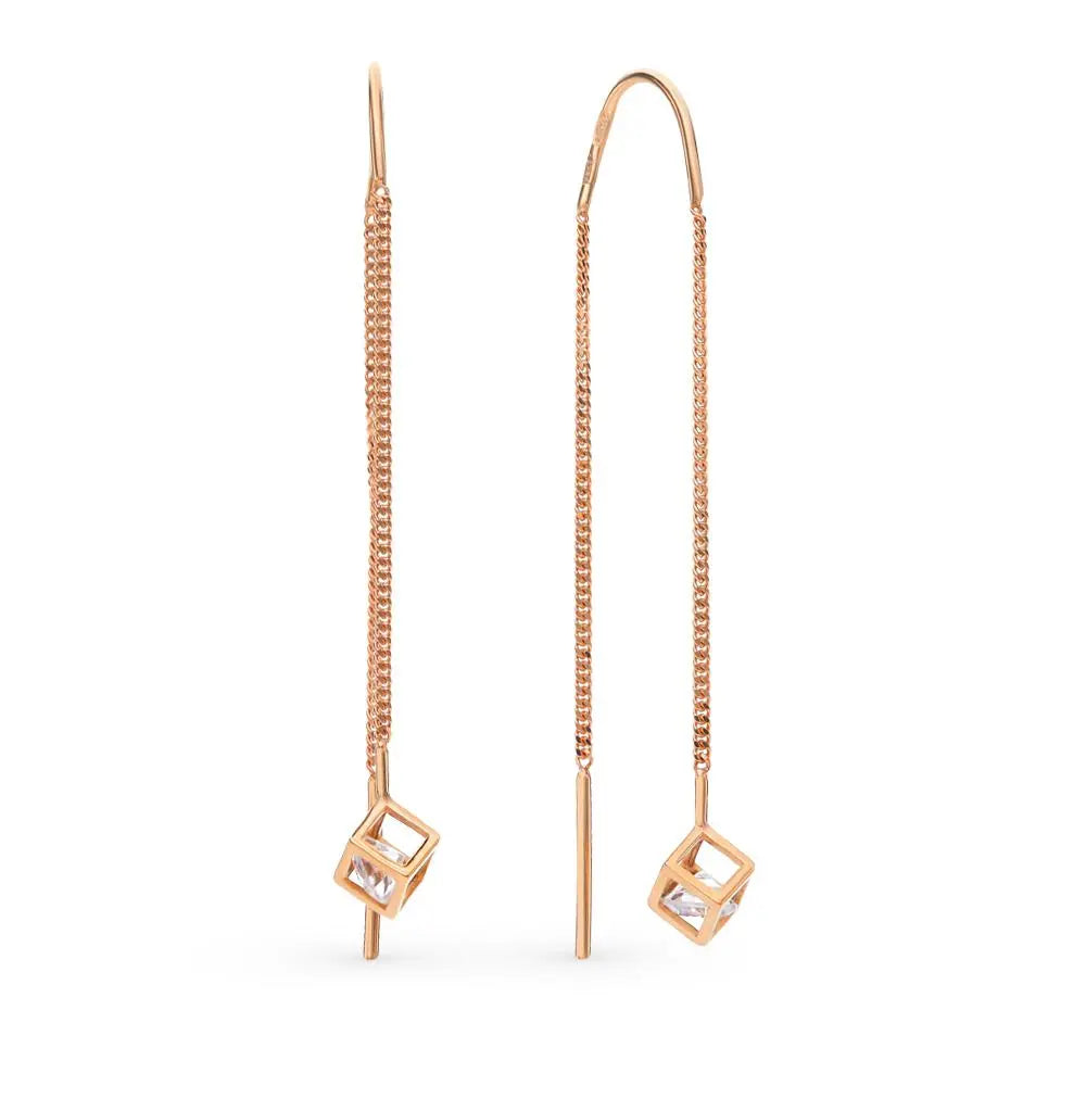 Diamond inside the Cube Rose Gold String Earrings - cushionblue