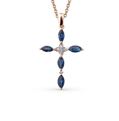 Rose Gold Cross pendant necklace with sapphires and diamonds - cushionblue