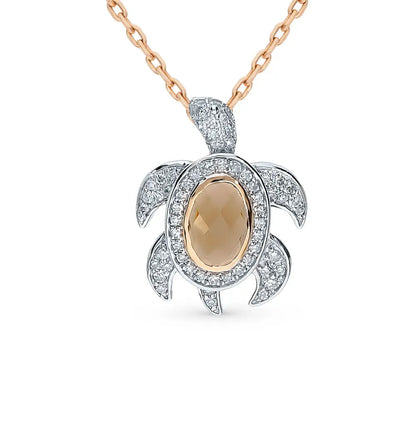 Rose Gold Oval cut Turtle pendant necklace with rauchtopaz and diamonds - cushionblue