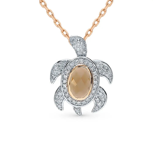 Rose Gold Oval cut Turtle pendant necklace with rauchtopaz and diamonds - cushionblue