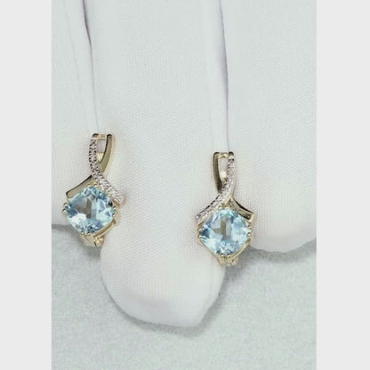 Yellow Gold Latch back earrings with Cushion cut Topaz and diamonds