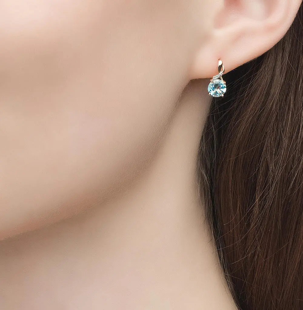 Rose Gold Latch back earrings with Round cut Topaz and diamonds - cushionblue