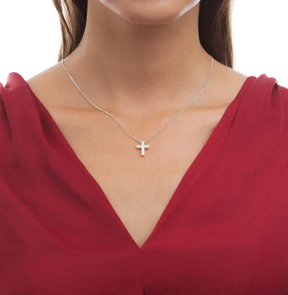 White Gold Cross pendant necklace with diamonds - cushionblue