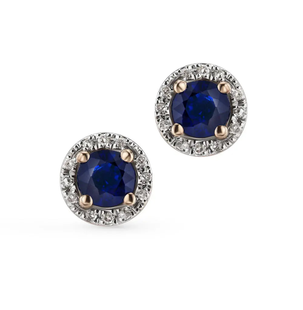 Rose Gold Studs with screws earrings with Round cut sapphires and diamonds Cushionblue
