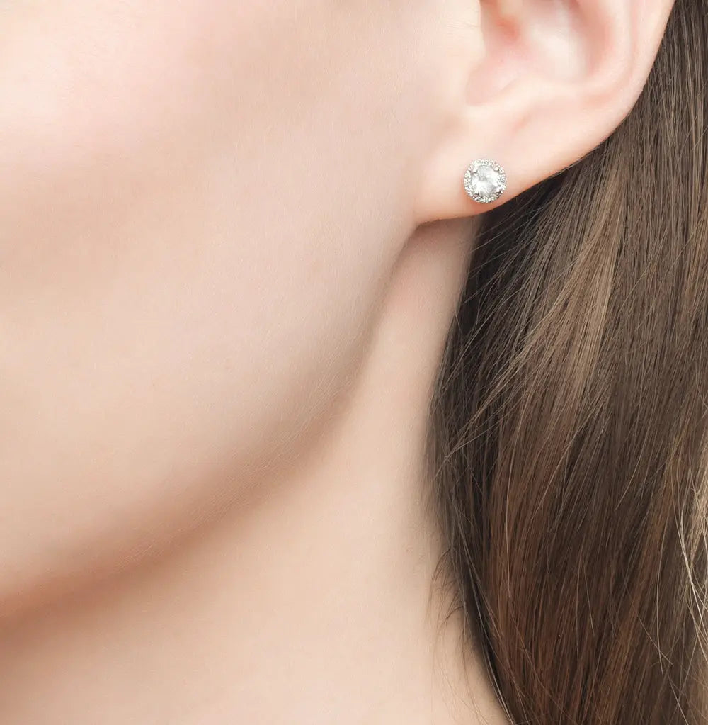 White Gold Studs with screws earrings with Colorless Topaz and diamonds Cushionblue