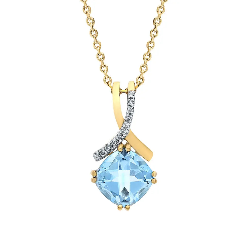 Yellow Gold Cushion pendant necklace with topaz and diamonds - cushionblue