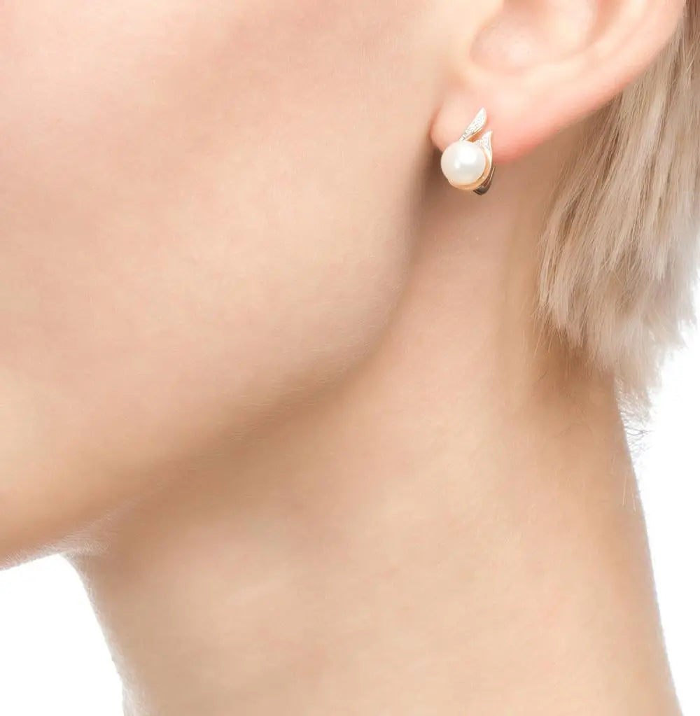 Rose Gold Latch back earrings with Cultured pearls and diamonds - cushionblue