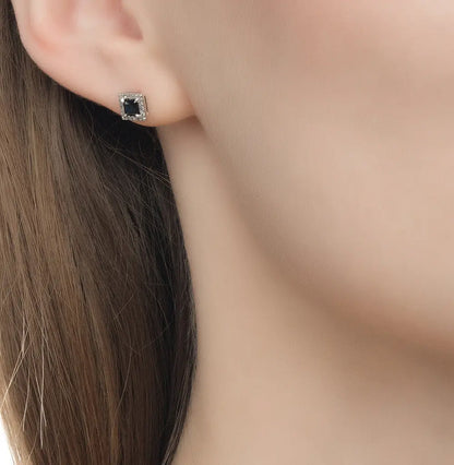 White Gold Studs with screws earrings with Black sapphires and diamonds Cushionblue
