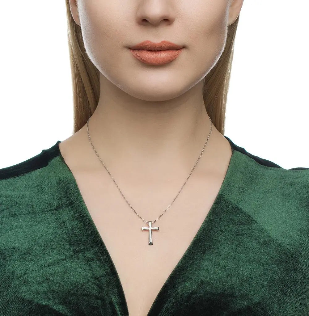 Cross White Gold pendant necklace with diamonds - cushionblue