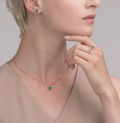 Yellow Gold Studs with screws earrings with Green emeralds and diamonds Cushionblue