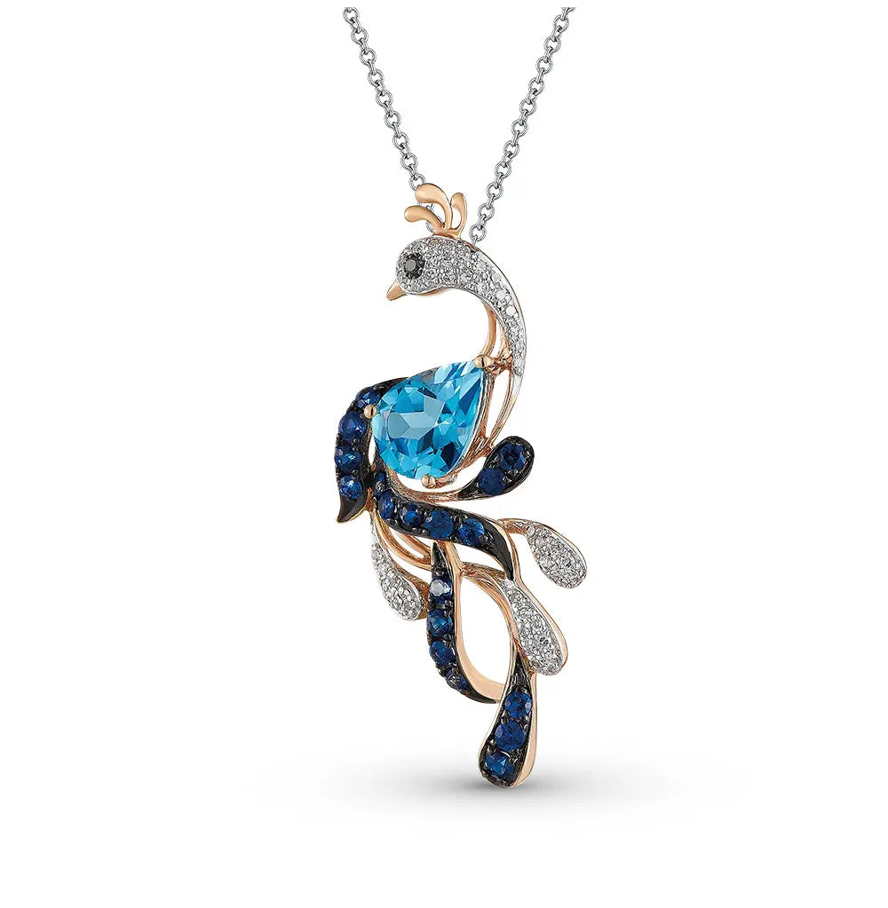 Rose Gold Pear pendant necklace with black diamond, sapphires, topaz and diamonds - cushionblue