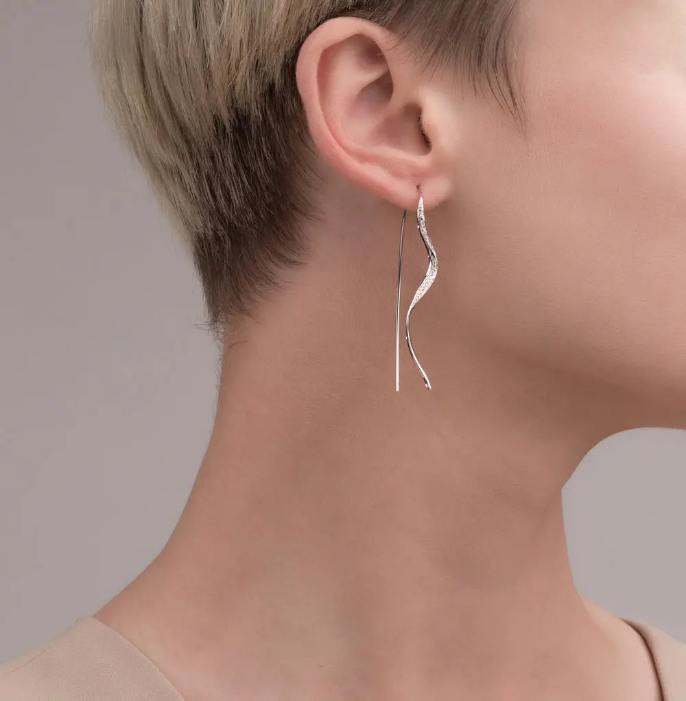 White Gold Unique string earrings with diamonds - cushionblue