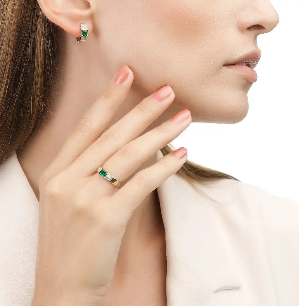 Yellow Gold Latch back earrings with Green emeralds and diamonds - cushionblue