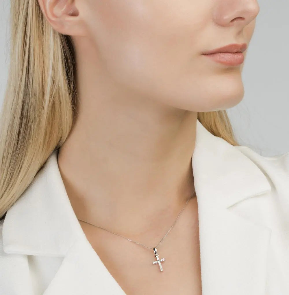 Diamonds with white Gold cross pendant necklace - cushionblue