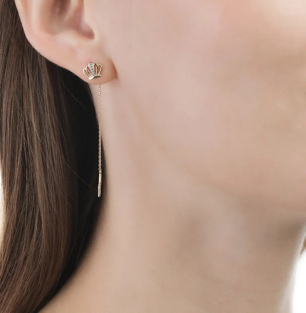 Rose Gold Crown shape string earrings with diamonds - cushionblue