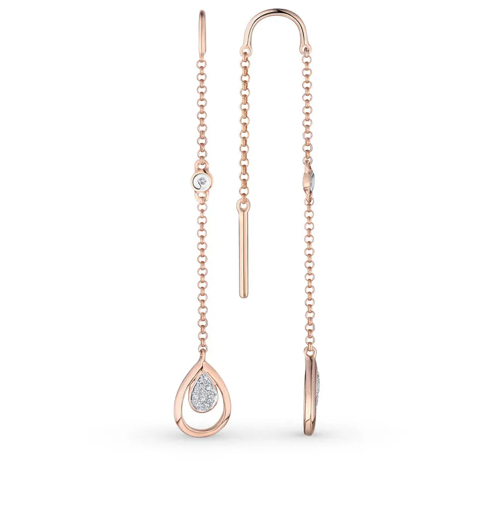Rose Gold Simple string earrings with diamonds(0.03ct) - cushionblue
