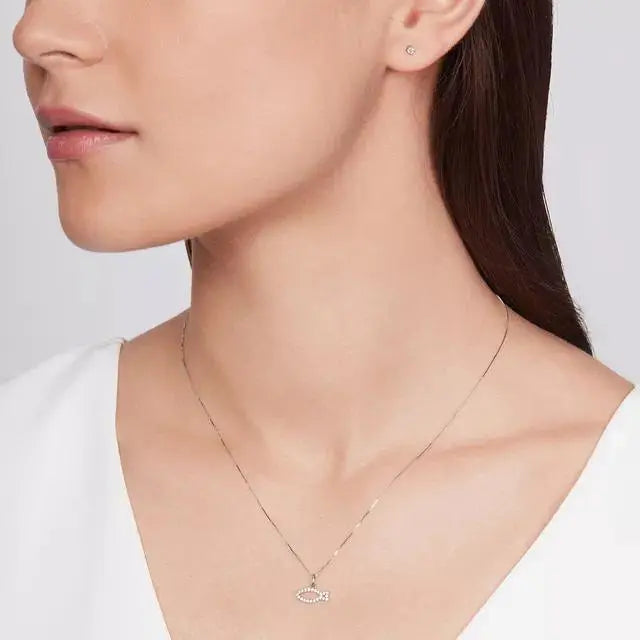 White Gold Fish Charm pendant necklace with diamonds - cushionblue