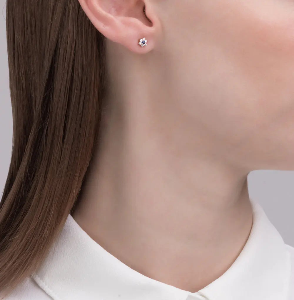 Rose Gold Studs with screws earrings with Round cut Sapphires and diamonds Cushionblue