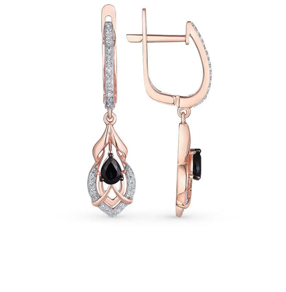Rose Gold Latch back earrings with Black Sapphires and diamonds - cushionblue