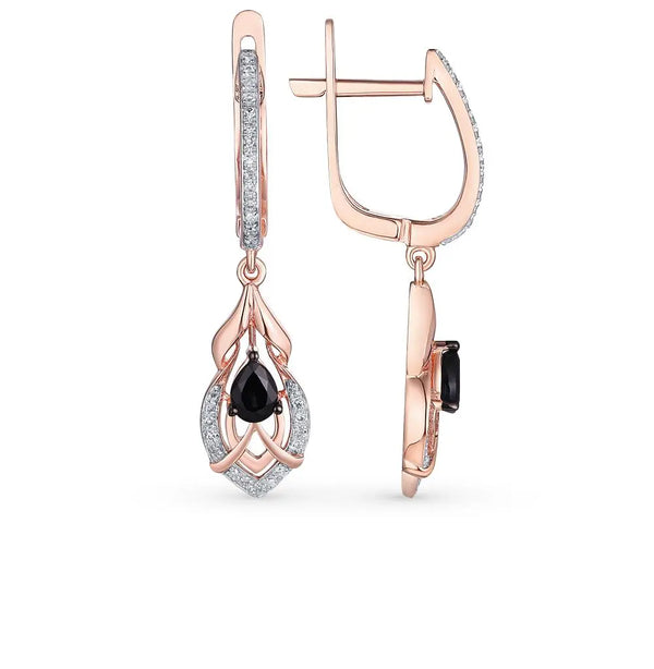Rose Gold Latch back earrings with Black Sapphires and diamonds - cushionblue