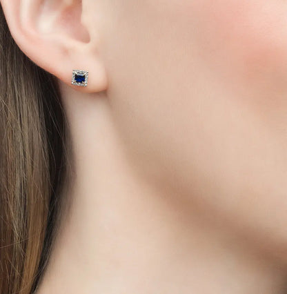 Rose Gold Studs with screws earrings with Dark blue sapphires and diamonds Cushionblue