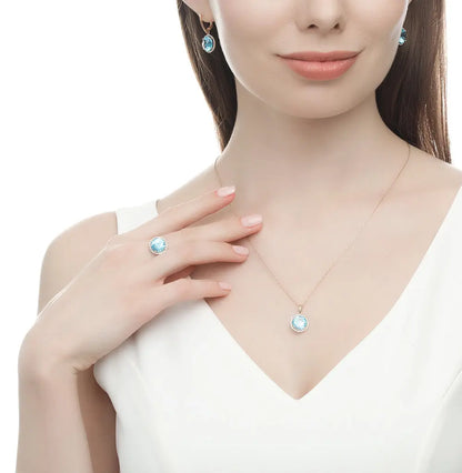 Rose Gold Round pendant necklace with topaz and diamonds - cushionblue