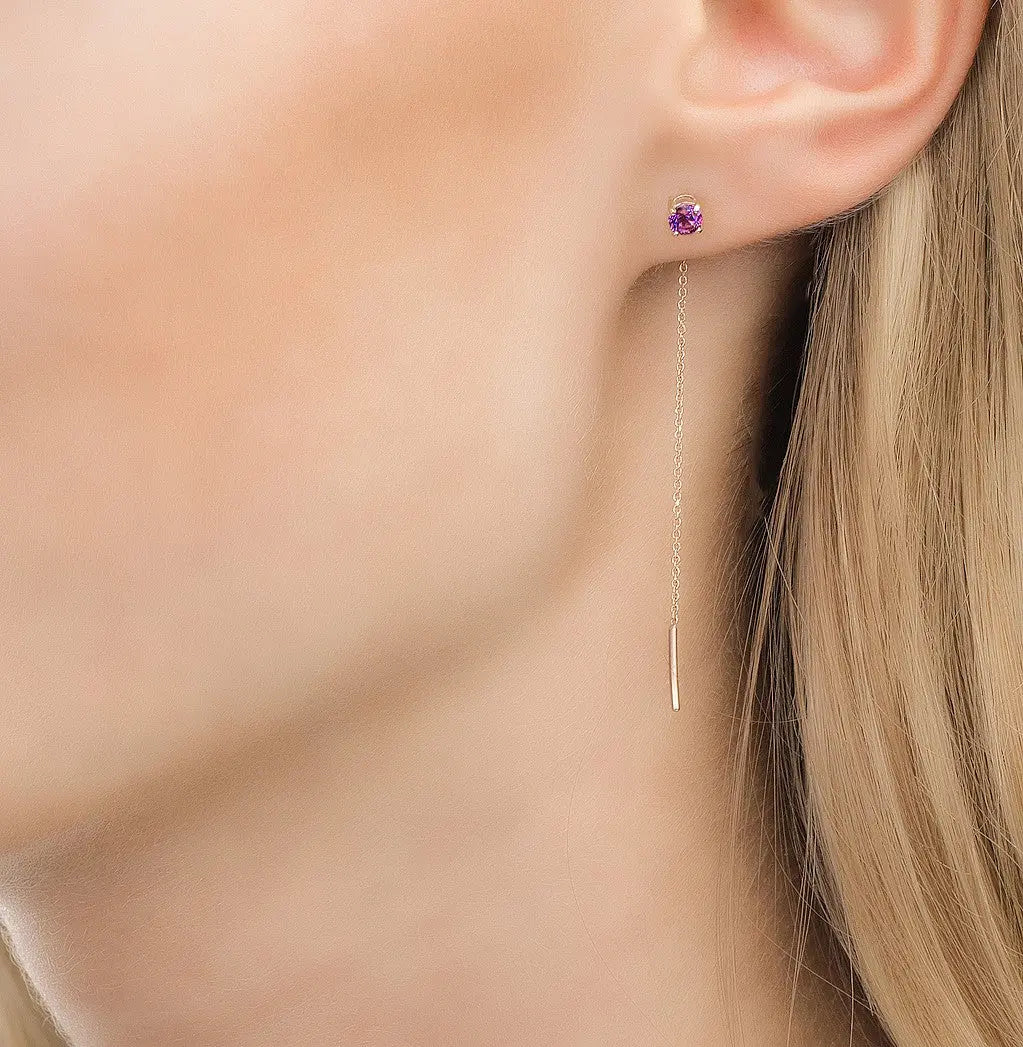 Rose Gold string earrings with Round cut amethyst - cushionblue