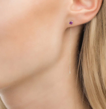 Rose Gold string earrings with Round cut amethyst - cushionblue
