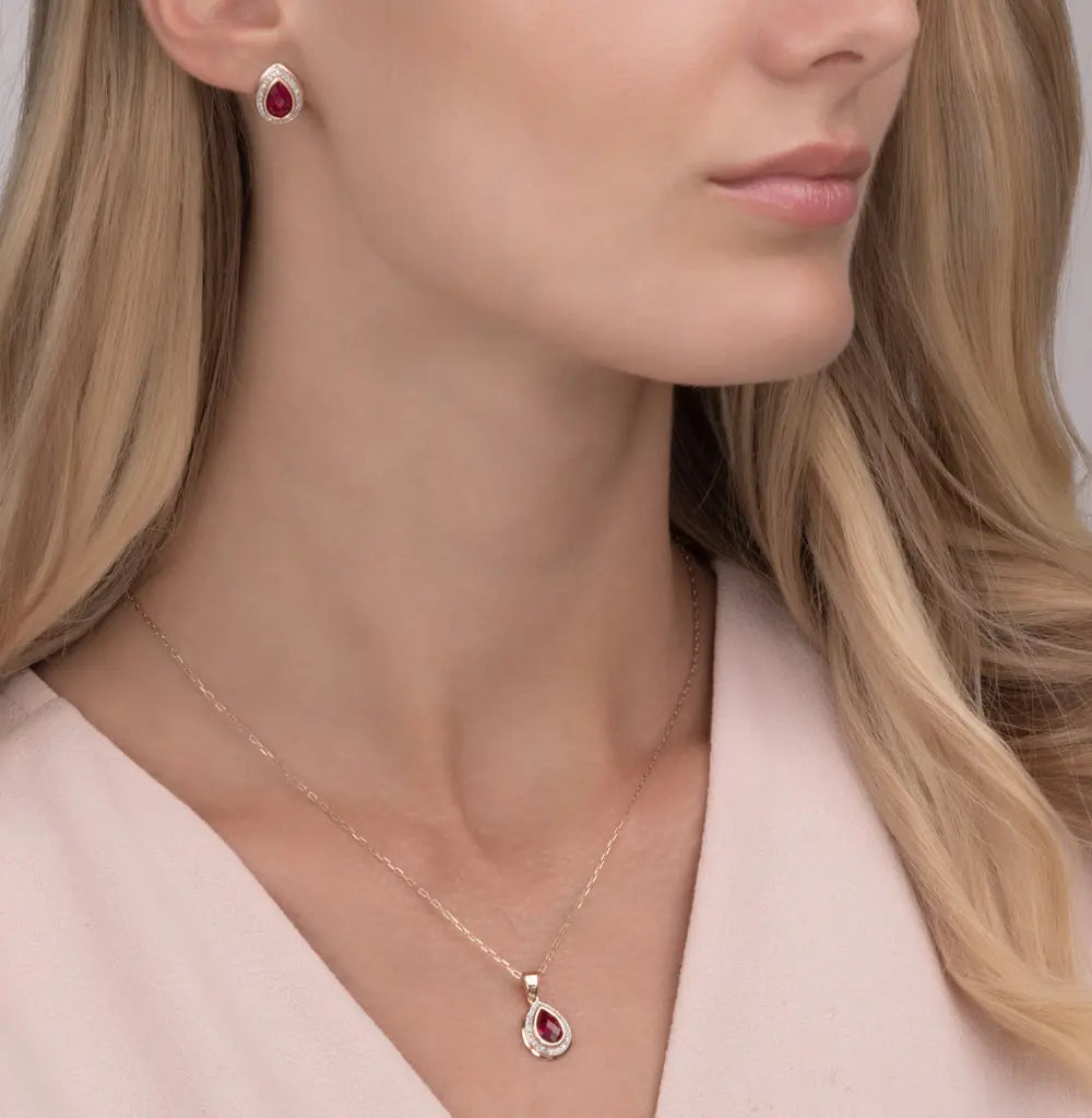 Rose Gold pear pendant necklace with ruby and diamonds - cushionblue