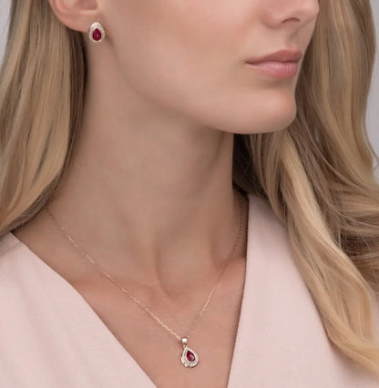 Rose Gold pear pendant necklace with ruby and diamonds - cushionblue