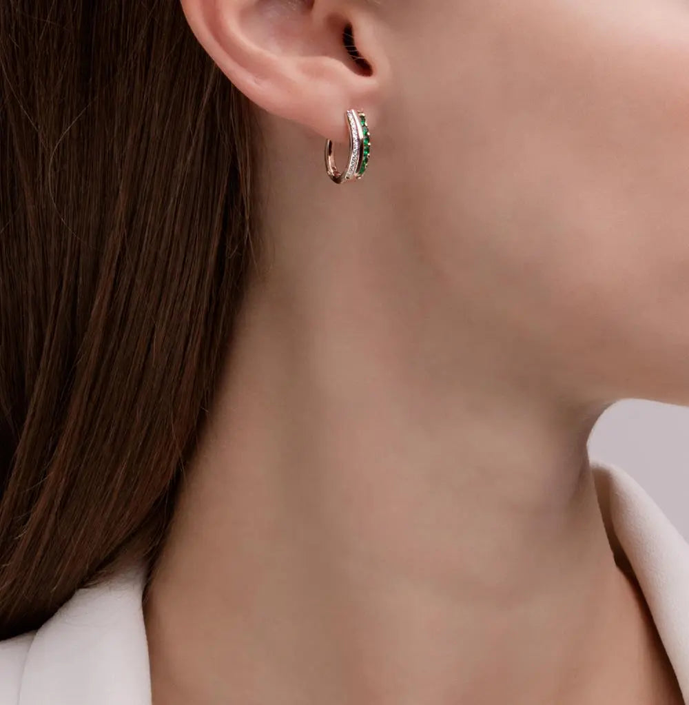 Rose Gold Latch back earrings with Hydrothermal emeralds and diamonds - cushionblue