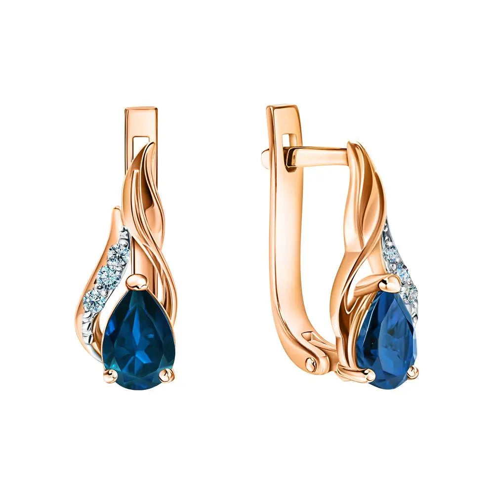 Rose Gold Latch back earrings with Pear cut Blue Topaz and diamonds - cushionblue