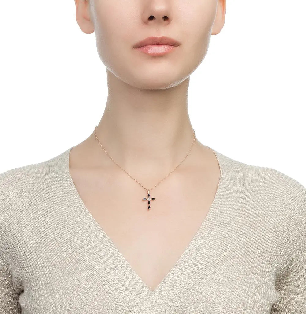 Rose Gold Cross pendant necklace with sapphires and diamonds - cushionblue