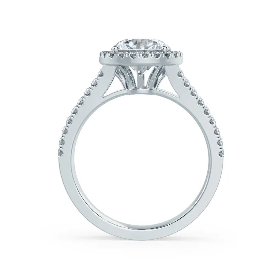 Round cut Natural Diamond White Gold Split Shank Halo Ring - cushionblue