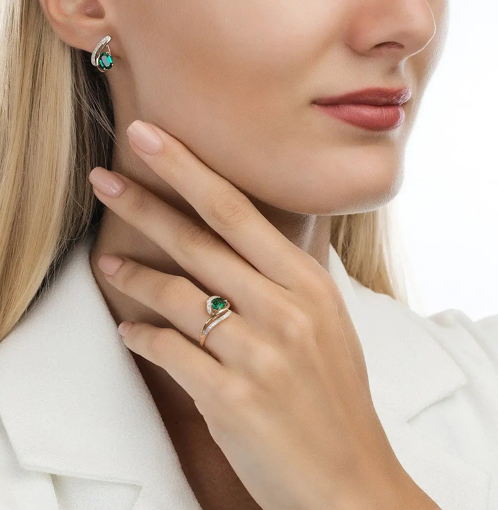 Rose Gold Latch back earrings with Oval cut emeralds and diamonds - cushionblue