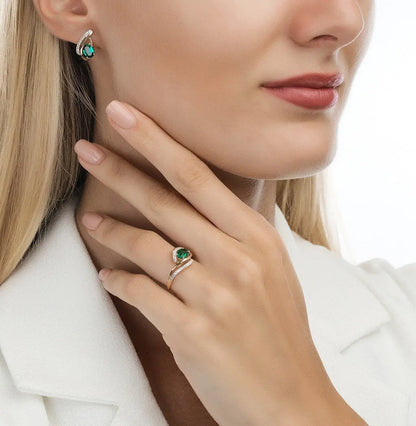 Rose Gold Latch back earrings with Oval cut emeralds and diamonds - cushionblue