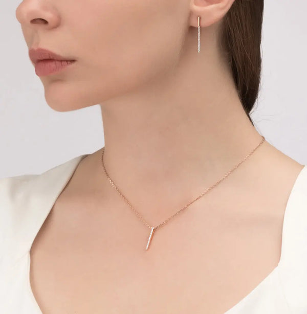 Rose Gold Stick type pendant necklace with diamonds - cushionblue