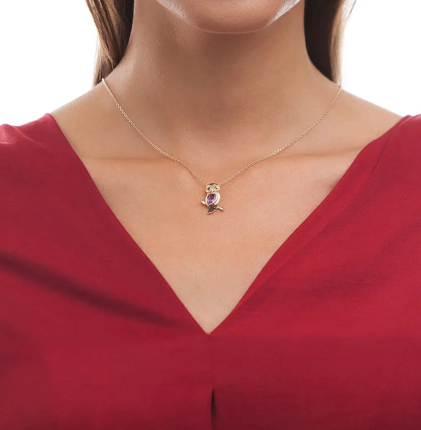 Rose Gold Owl pear pendant necklace with black diamonds - cushionblue