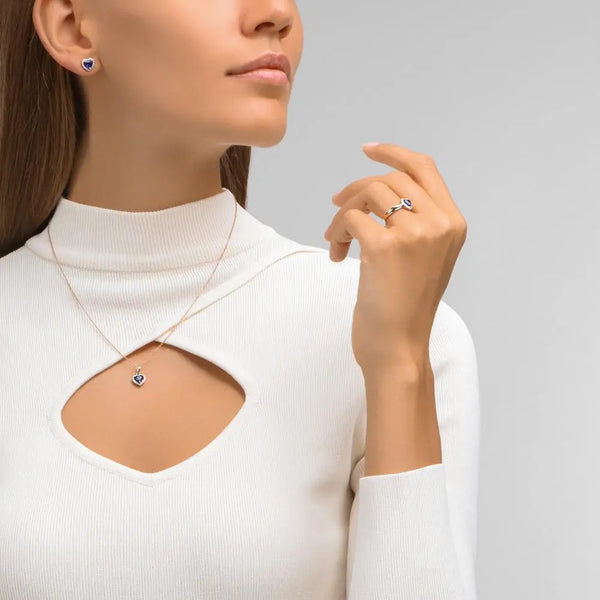 Rose Gold Heart pendant necklace with sapphires and diamonds - cushionblue