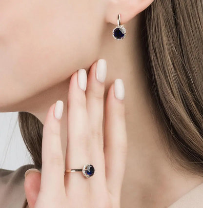 Rose Gold Latch back earrings with Round cut Sapphire and diamonds - cushionblue