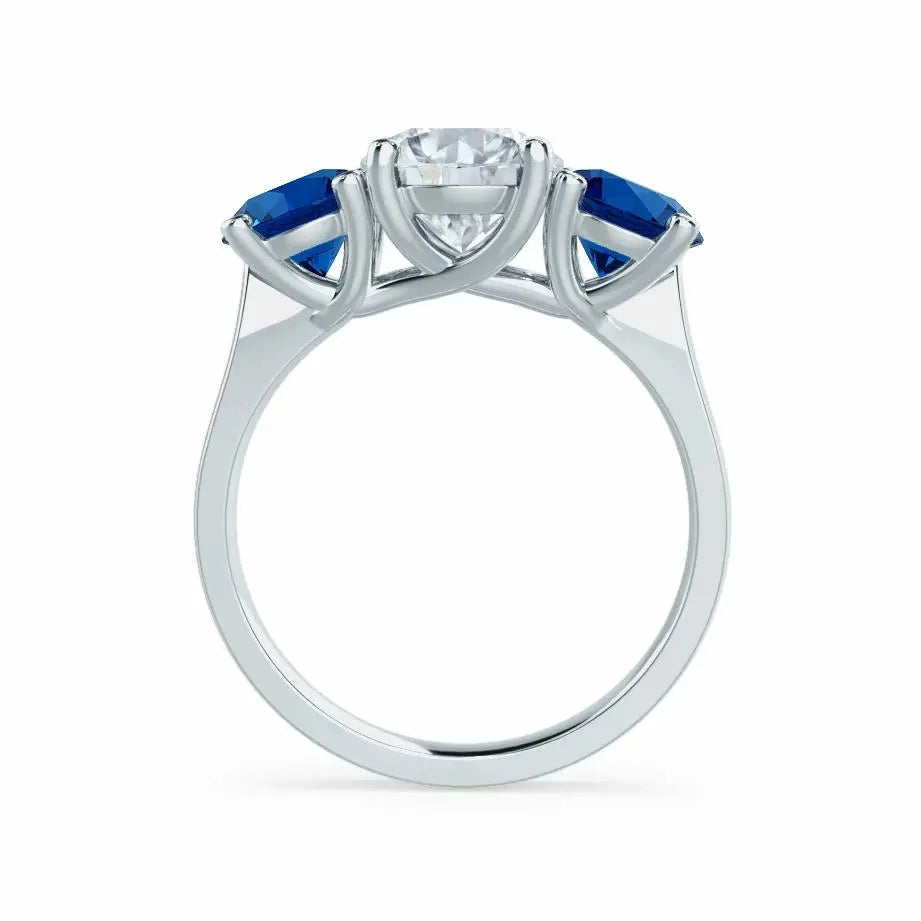 Round & Sapphire 3 Stone Set White Gold Trilogy Ring - cushionblue